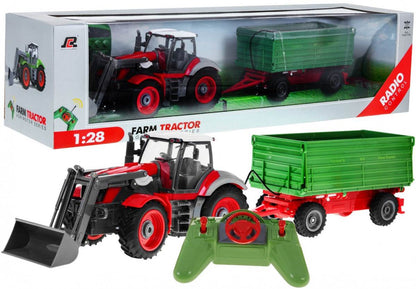 Zdalnie sterowany traktor z koparką i przyczepą dla dzieci w skali 1:28 czerwono-zielony