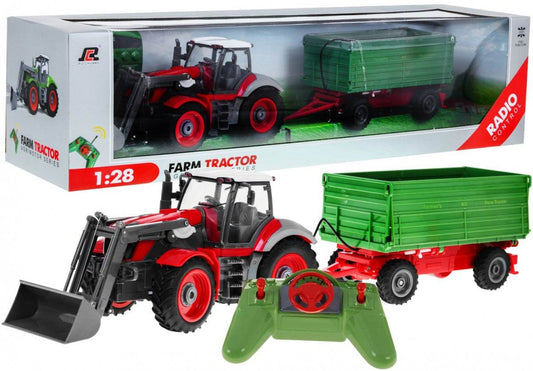 Zdalnie sterowany traktor z koparką i przyczepą dla dzieci w skali 1:28 czerwono-zielony
