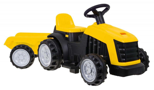 Żółty dziecięcy traktor z przyczepą z napędem elektrycznym 25W, bezpieczny i wytrzymały do zabawy