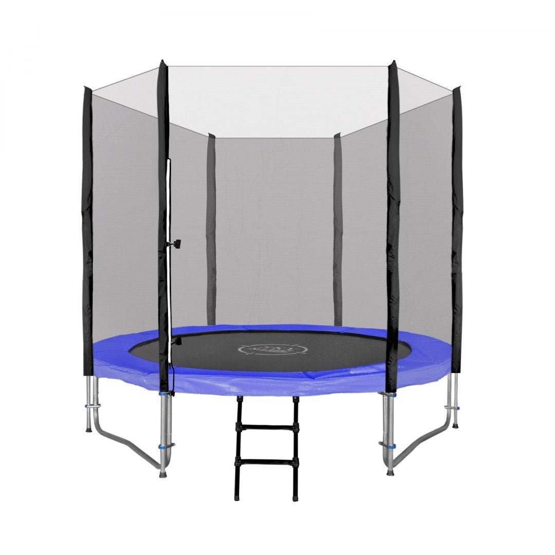 Trampolina Ogrodowa SkyRamiz 244cm z siatką ochronną, drabinką i niebieskim kołnierzem dla dzieci.