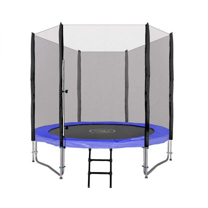 Trampolina Ogrodowa SkyRamiz 244cm z siatką ochronną, drabinką i niebieskim kołnierzem dla dzieci.