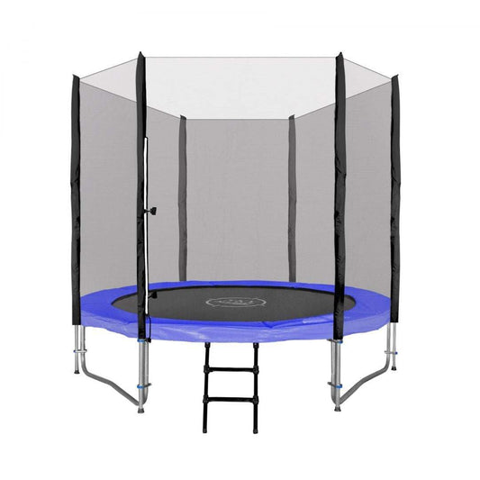 Trampolina Ogrodowa SkyRamiz 244cm z siatką ochronną, drabinką i niebieskim kołnierzem dla dzieci.