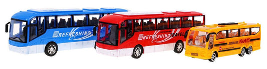Zestaw trzech kolorowych autobusów dla dzieci 3+, realistyczne modele szkolnego i wycieczkowych autobusów.
