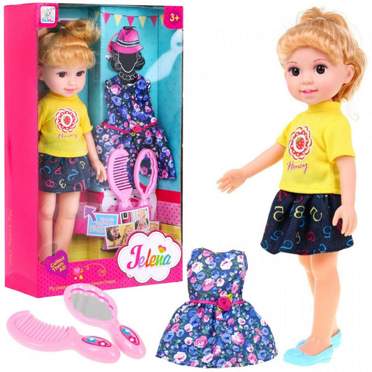 Duża lalka do stylizacji dla dzieci 3 plus z blond włosami, dwoma strojami, grzebykiem i lusterkiem do czesania i zmiany fryzur.