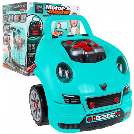 Turquoise children's toy car with engine parts for repair, interactive workshop set for kids aged 3+