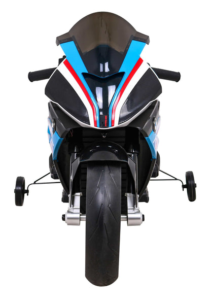 Motor BMW HP4 na akumulator dla dzieci z kołami i podpórkami, niebieski, realistyczny design, dwubiegowy napęd 2x35W, LED oświetlenie, MP3/AUX/USB.