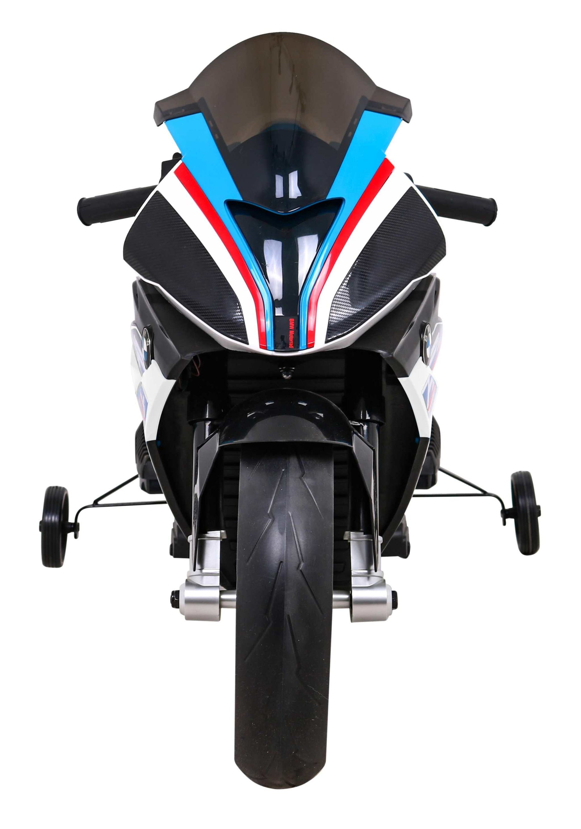 BMW HP4 motor na akumulator dla dzieci w białym kolorze z dodatkowymi kółkami pomocniczymi i funkcją wolnego startu.