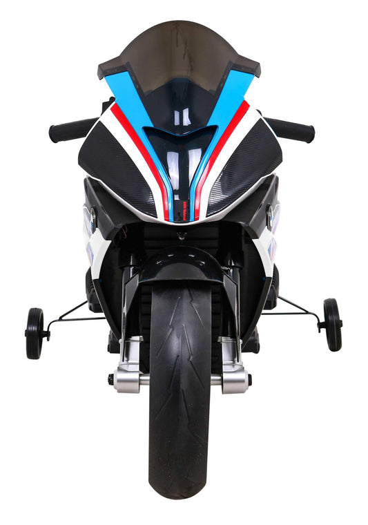 BMW HP4 motor na akumulator dla dzieci w białym kolorze z dodatkowymi kółkami pomocniczymi i funkcją wolnego startu.