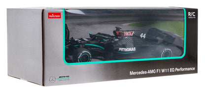 Mercedes AMG F1 W11 1:18 scale remote control racing car model by RASTAR in black with detailed sponsor logos and durable ABS body