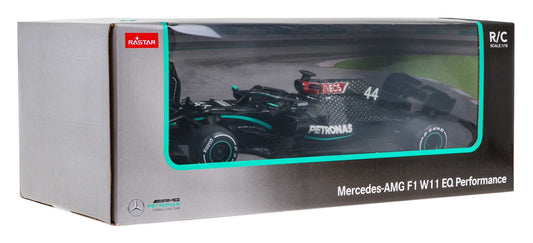 Mercedes AMG F1 W11 1:18 scale remote control racing car model by RASTAR in black with detailed sponsor logos and durable ABS body