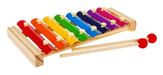 Drewniane cymbałki dla dzieci 3+ z kolorowymi tęczowymi blaszkami i pałeczkami, lekki i bezpieczny instrument muzyczny.
