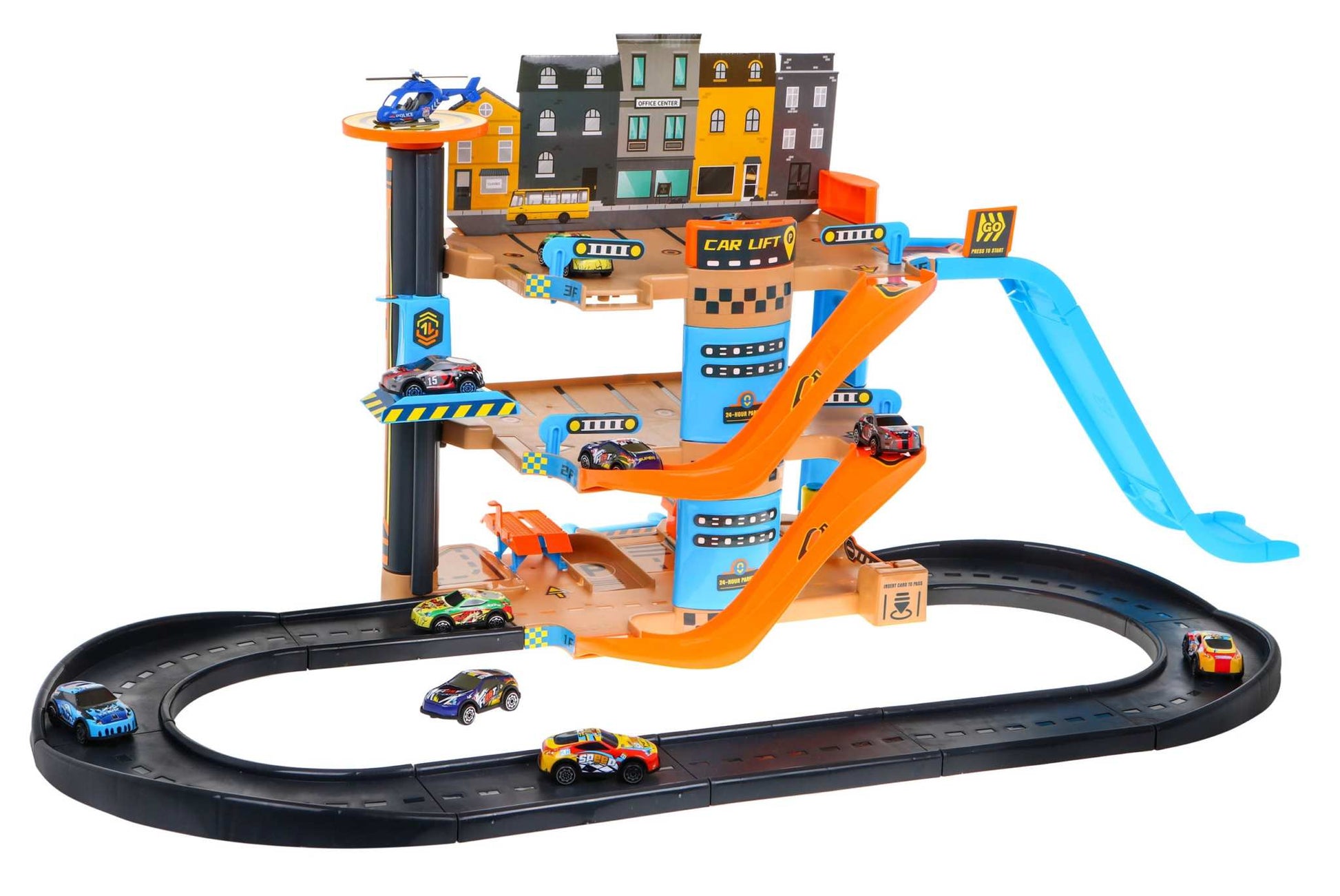 Mega Parking 4-level toy parking garage with elevator, slides, helicopter, and 10 cars for creative children's play
