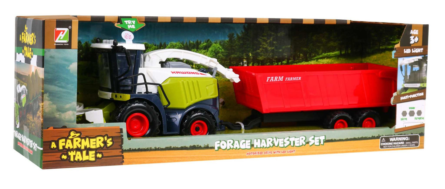 Interaktywny kombajn zabawkowy z wysypową rurą i czerwoną przyczepą do zabawy farmą dla dzieci 3+