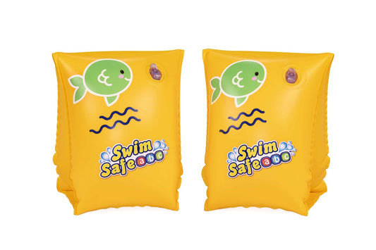 Yellow Bestway double-chamber children's swim armbands with green fish design and Swim Safe logo
