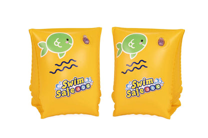 Yellow Bestway double-chamber children's swim armbands with green fish design and Swim Safe logo