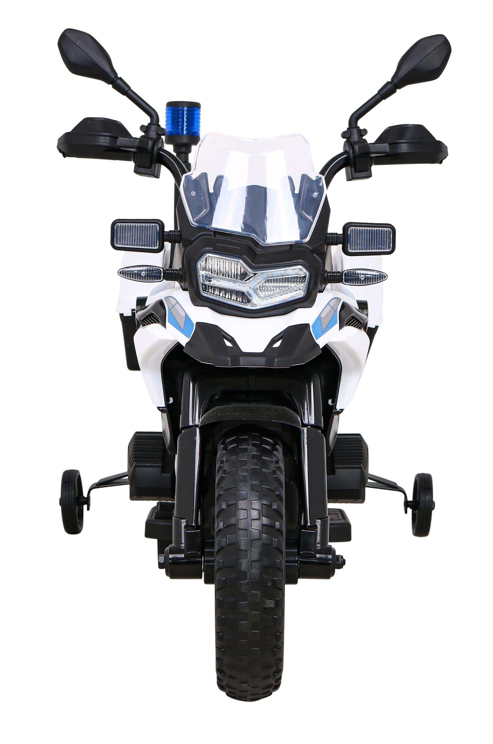 Policyjny motorek BMW F850 GS dla dzieci z LED światłami i bocznymi kołami stabilizującymi