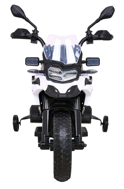 BMW F850 GS dla dzieci biały motor elektryczny z LED, audio, wolnym startem i kołami pomocniczymi
