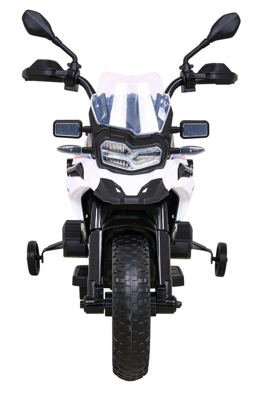 BMW F850 GS dla dzieci biały motor elektryczny z LED, audio, wolnym startem i kołami pomocniczymi
