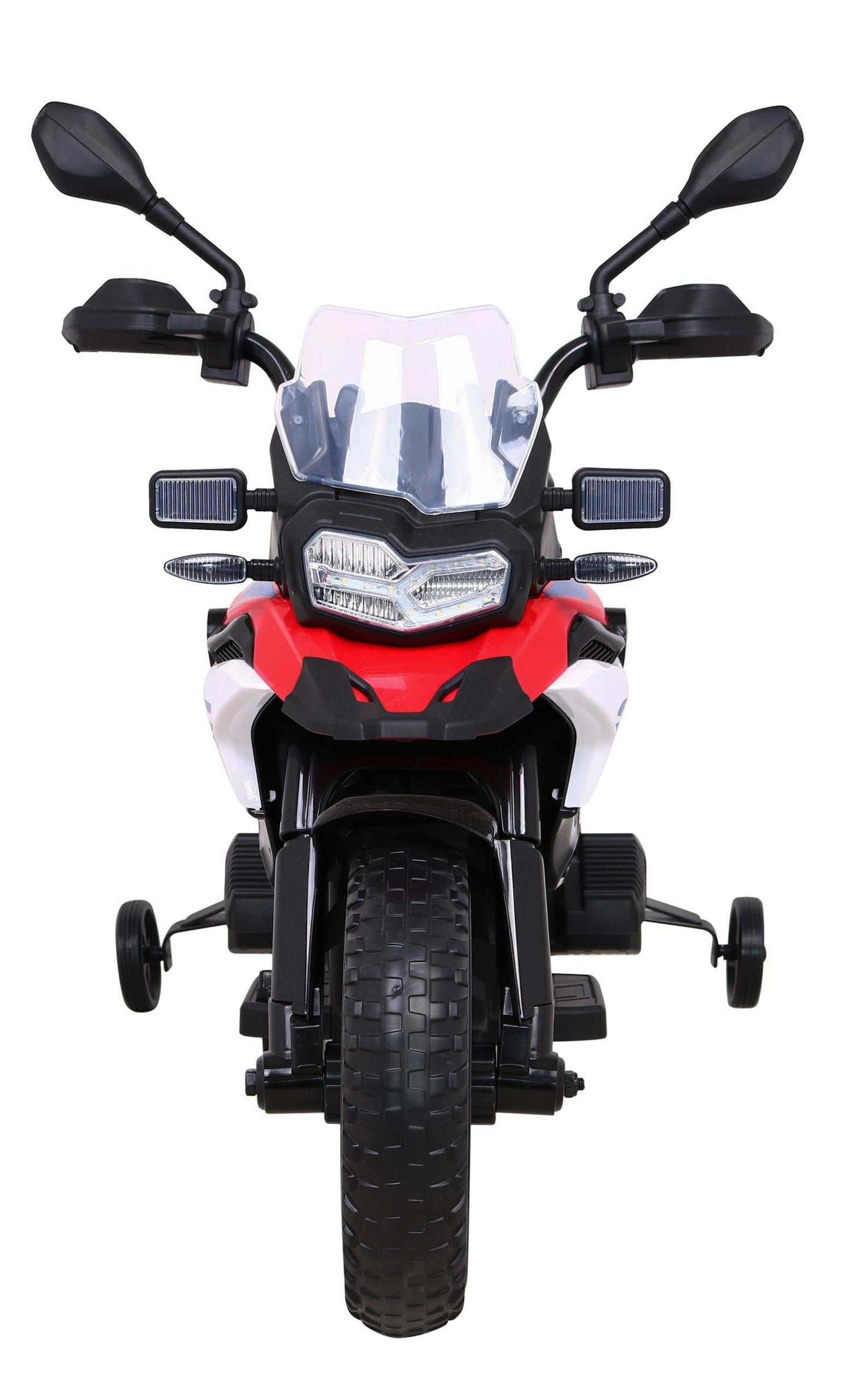 Czerwony elektryczny motor BMW F850 GS dla dzieci z LED, audio i wolnym startem.