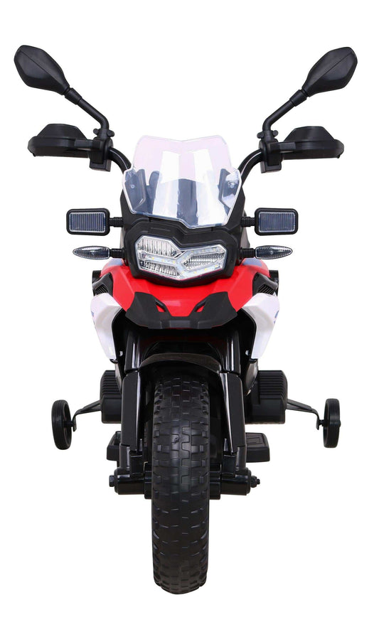 Czerwony elektryczny motor BMW F850 GS dla dzieci z LED, audio i wolnym startem.