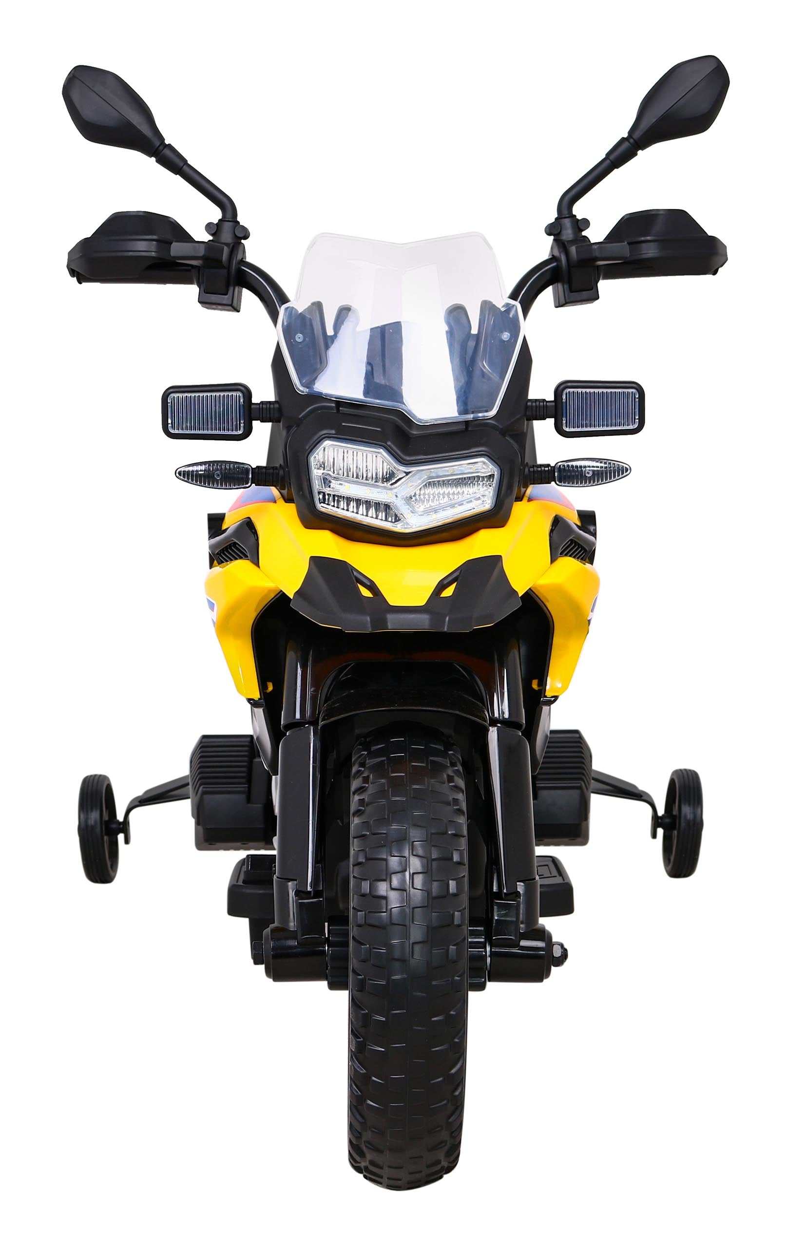 Front view of yellow Motor BMW F850 GS electric kids bike with EVA wheels and training wheels