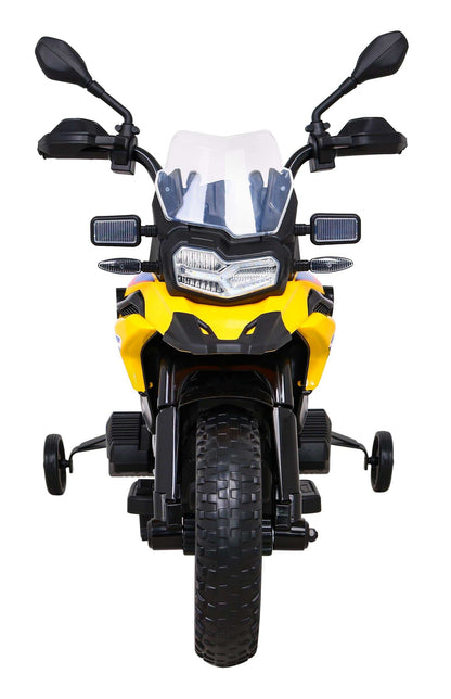 Front view of yellow Motor BMW F850 GS electric kids bike with EVA wheels and training wheels