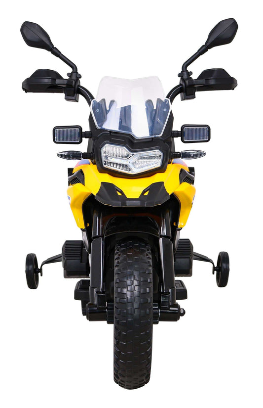 Front view of yellow Motor BMW F850 GS electric kids bike with EVA wheels and training wheels