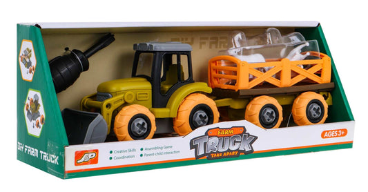 Rozkręcany traktor z łyżką i przyczepą dla dzieci 3+ z akcesoriami do składania i zabawy w gospodarstwie