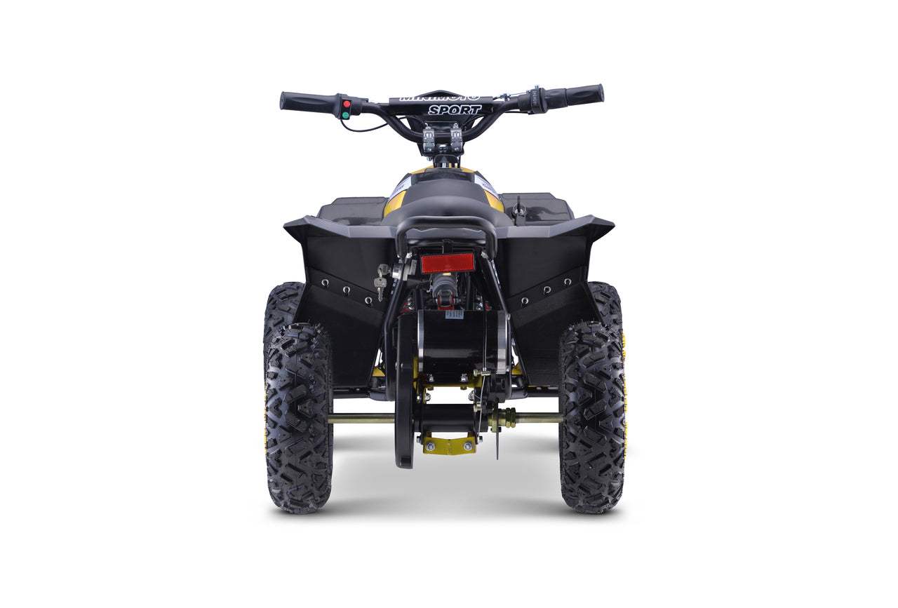 Tylny widok żółtego quada elektrycznego Quad HIPERFECT na akumulator 1000W z szerokimi oponami i regulowanym siedzeniem
