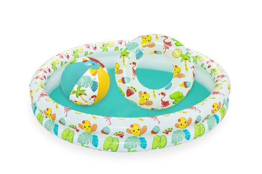 Basen dmuchany dla dzieci 3w1 tropikalny Bestway z kołem i piłką plażową 122x20 cm