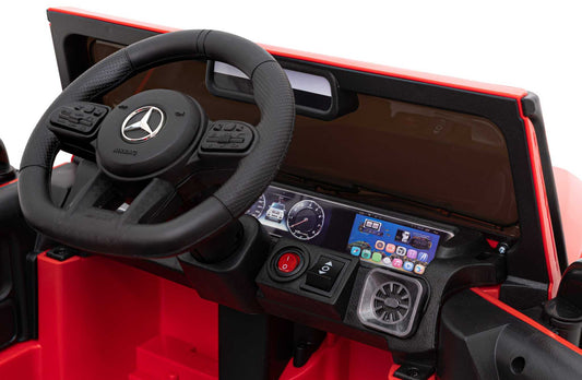 Red Mercedes AMG G63 toy car for kids with LED display, remote control, and realistic dashboard features
