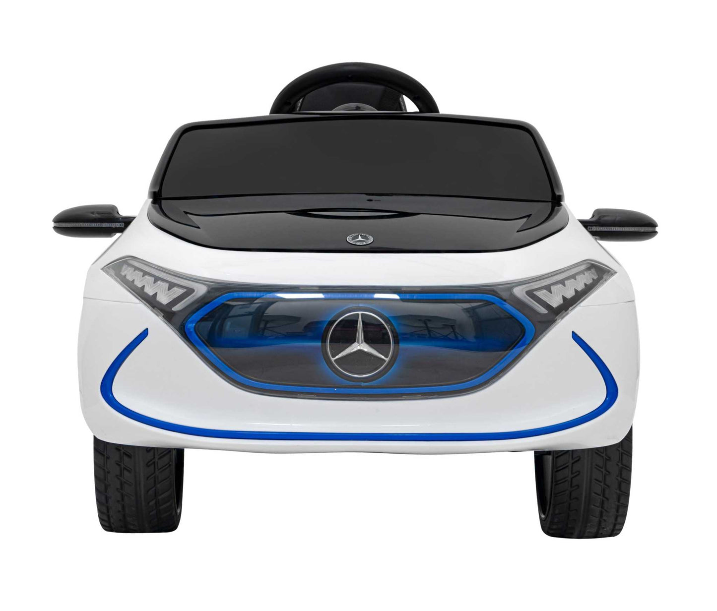 White Mercedes Benz AMG EQA kids electric car with remote, LED lights, and MP3 display