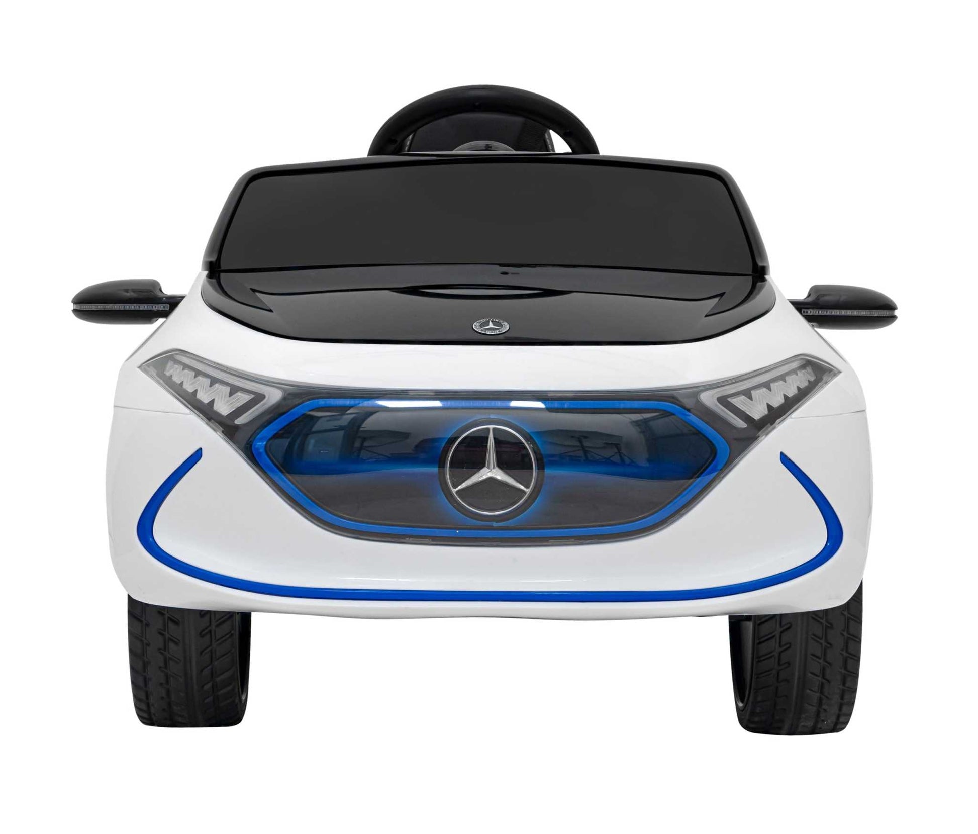 White Mercedes Benz AMG EQA kids electric car with remote, LED lights, and MP3 display