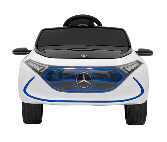 White Mercedes Benz AMG EQA kids electric car with remote, LED lights, and MP3 display