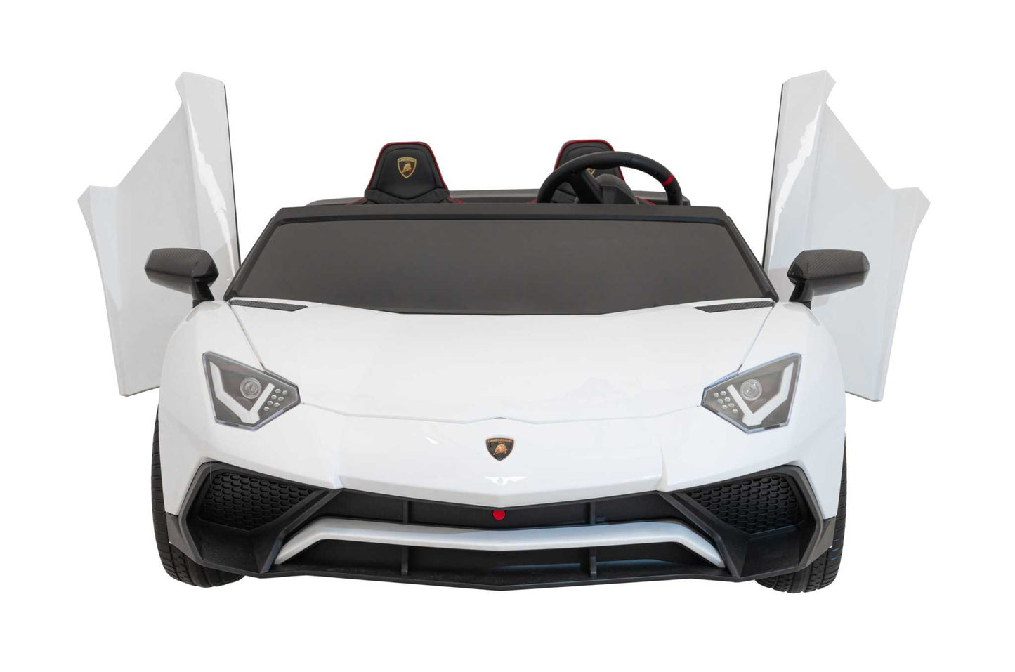 Biały dwumiejscowy Lamborghini Aventador SV na akumulator dla dzieci z otwieranymi drzwiami i LED-owymi światłami