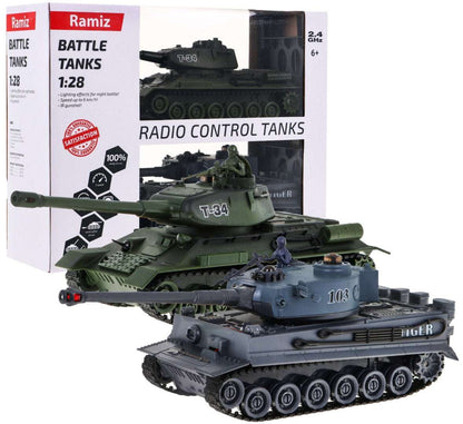 Zdalnie sterowane czołgi T-34 i Tiger w skali 1:28 do zabawy dla dzieci 3+ z technologią 2.4 GHz i realistycznymi efektami strzału