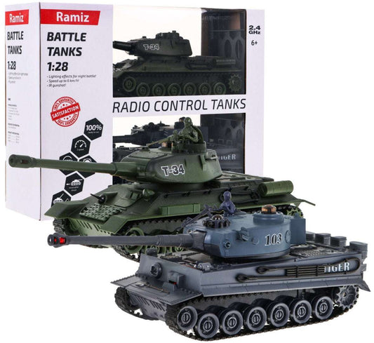 Zdalnie sterowane czołgi T-34 i Tiger w skali 1:28 do zabawy dla dzieci 3+ z technologią 2.4 GHz i realistycznymi efektami strzału