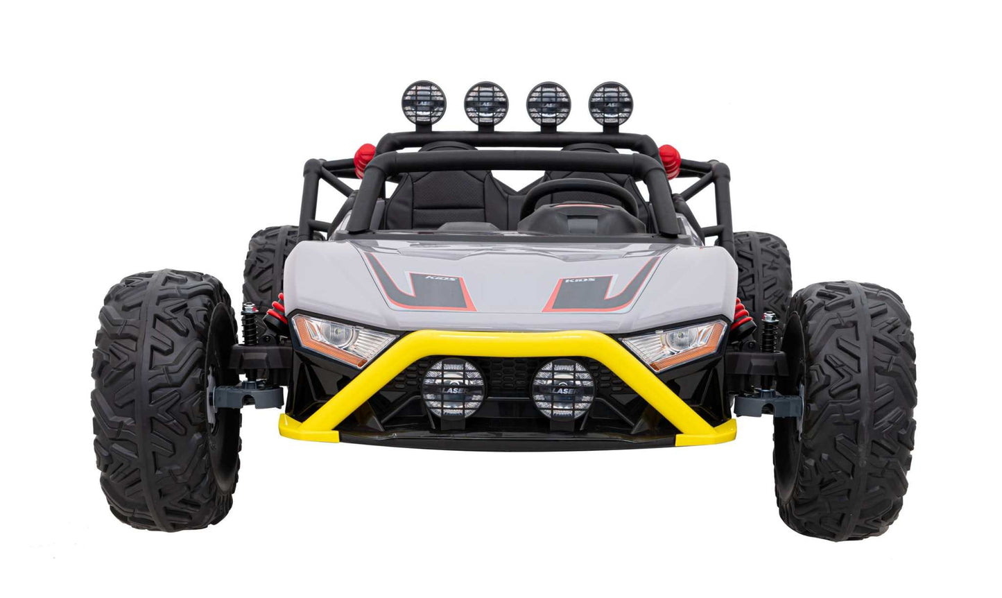 Gray Auto Buggy Racing 5 electric kids’ buggy with 24V 2x200W motors, safety belts, remote control, and LED lights