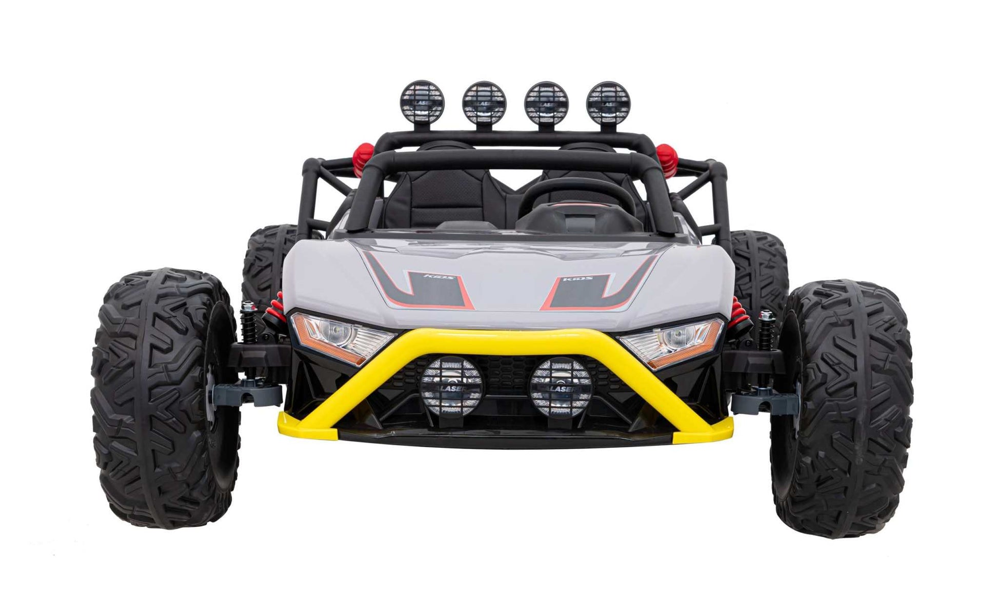 Gray Auto Buggy Racing 5 electric kids’ buggy with 24V 2x200W motors, safety belts, remote control, and LED lights
