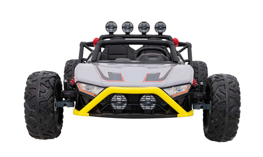 Gray Auto Buggy Racing 5 electric kids’ buggy with 24V 2x200W motors, safety belts, remote control, and LED lights