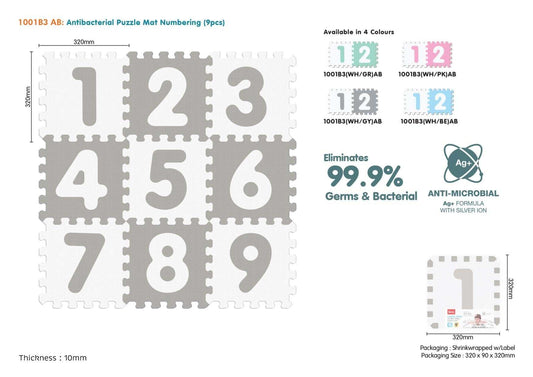 Antibacterial educational puzzle mat for kids with numbers, 10mm EVA foam thickness, white and gray design.