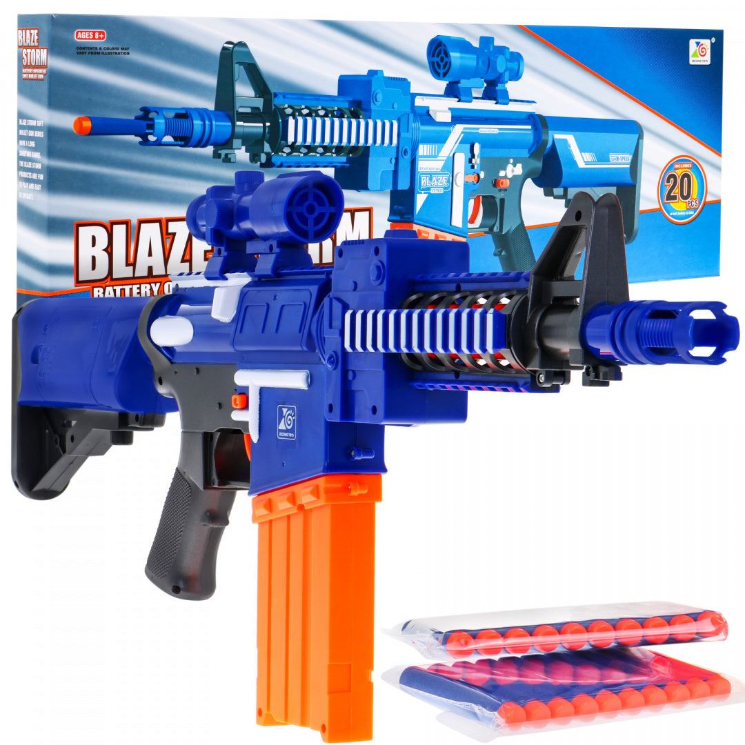 Blaze Storm niebieski automatyczny karabin zabawkowy dla dzieci z 20 piankowymi pociskami i celownikiem