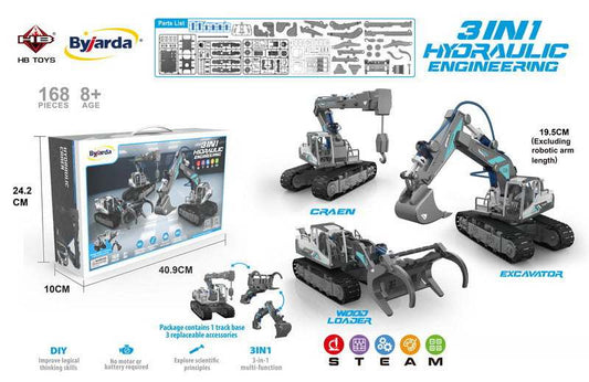 Zestaw pojazdów budowlanych 3w1 z hydraulicznym zasilaniem, 168 elementów do składania dla dzieci powyżej 8 lat.