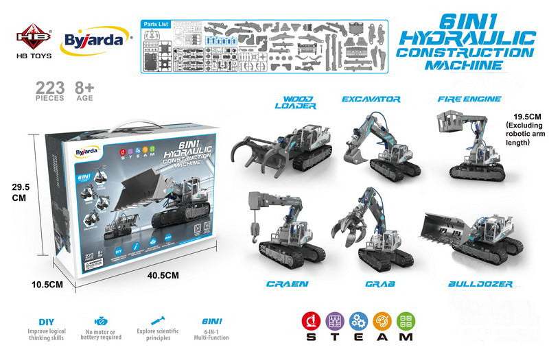 Hydraulic 6-in-1 construction machine set for kids 8+ with 223 pieces and water-powered mechanism