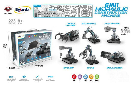 Hydraulic 6-in-1 construction machine set for kids 8+ with 223 pieces and water-powered mechanism