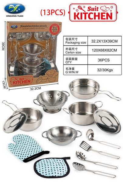 Zestaw Metalowych Garnków dla dzieci 3+ 13 elementów z przyborami kuchennymi i fartuszkiem