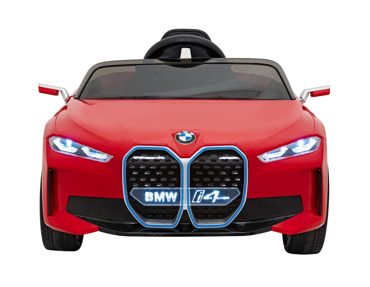 Red BMW i4 autko for kids with LED lights and remote control, featuring realistic design and MP3 player.