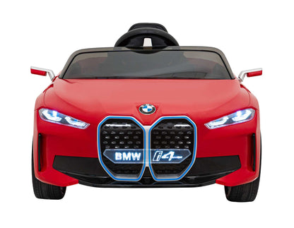 Red BMW i4 autko for kids with LED lights and remote control, featuring realistic design and MP3 player.