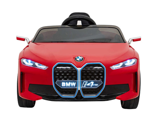 Red BMW i4 autko for kids with LED lights and remote control, featuring realistic design and MP3 player.
