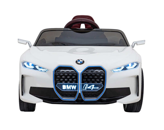 Białe dziecięce autko BMW i4 na akumulator z LED światłami i pilotem zdalnego sterowania